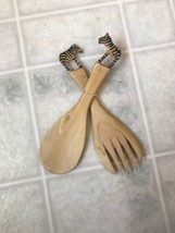 Carved Wood Zebra Handle Salad Serving Spoon and Fork Pair Hand Painted - $14.28