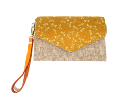 New Handmade Japanese Yellow Dragonfly Linen Canvas Envelope Wallet 8&quot; x 5&quot; - £23.45 GBP