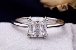 3- Stone Engagement Ring/ Emerald &amp; Tapered Baguette Three Stone Moissanite Ring - £64.64 GBP