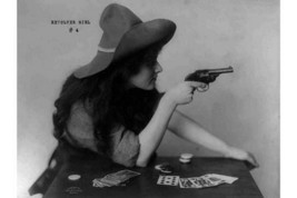 Young Cowgirl Hold Pistol Over a table of Playing Cards - Art Print - £17.68 GBP+