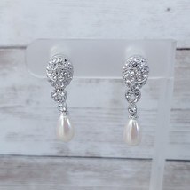 Vintage Clip On Earrings Silver Tone, Clear Gem, Faux Pearl Statement - £13.14 GBP