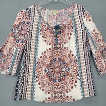 One World Blouse Shirt Size S Tunic Peasant Pink Floral 3/4 Bell Sleeve Tie Neck - £9.67 GBP