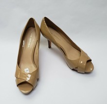 Via Spiga Shoes Beige Heels Pumps Peep Toe Patent Leather Crisscross Size 6.5 M - £39.40 GBP