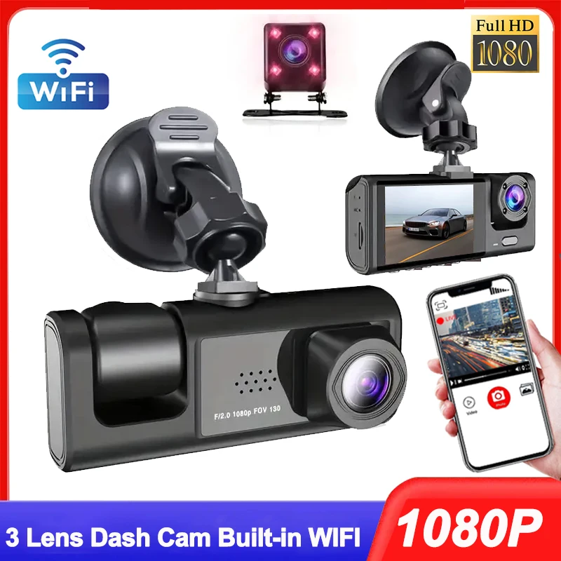 3Channel 1080P Car Dvr WIFI Dash Cam for Cars Recorder Video Front Camera for - £34.37 GBP+