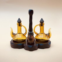 Vintage Cruet Set Amber Glass with Dark Wood base - 5 Piece Cruet Set - £36.12 GBP