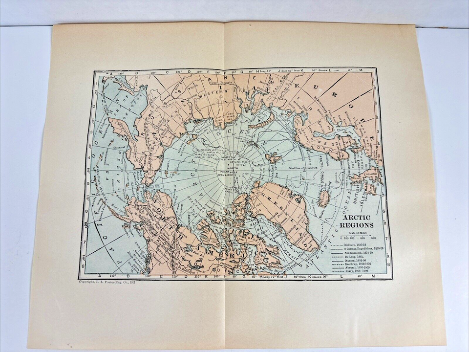 Antique 1921 Antarctic Map Arctic Regions Greenland for framing and coll... - $19.02