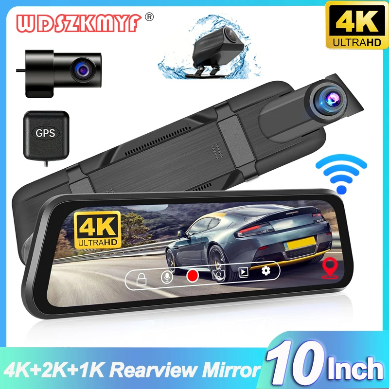 10Inch Rear View Mirror GPS 3Lens Dash Cam for Cars Wifi Car DVR 4K Video - £52.80 GBP+