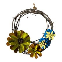 Vintage Twig Wreath with Hand Painted Pinecone Flowers Rustic Wall Decor - $19.80