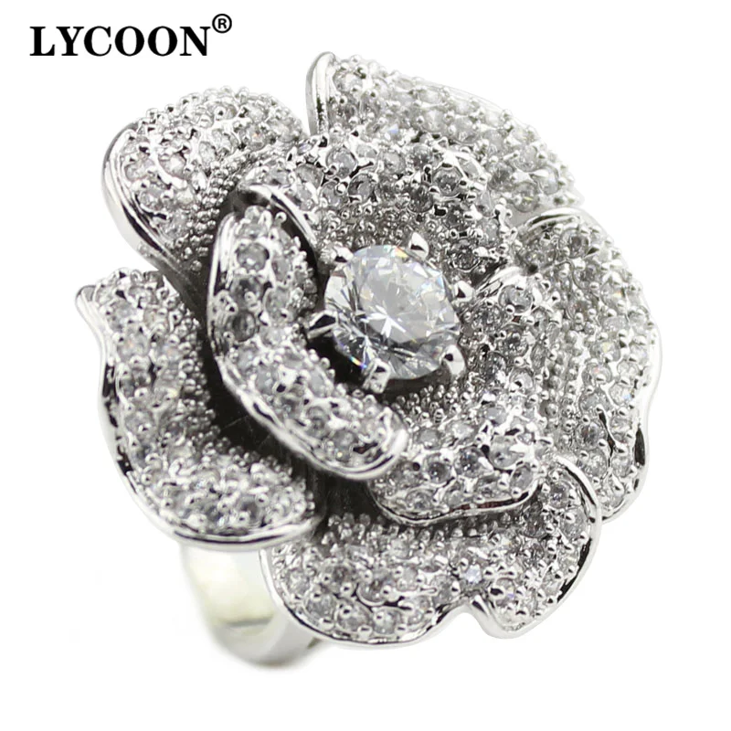 Fashion Woman luxury brand big rose flower Zircon Rings hight quality silver pla - £29.51 GBP