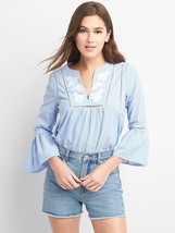 New Gap Women Blue Striped Embroidery Cotton Flutter Sleeve V-neck Blouse Top M - £27.96 GBP