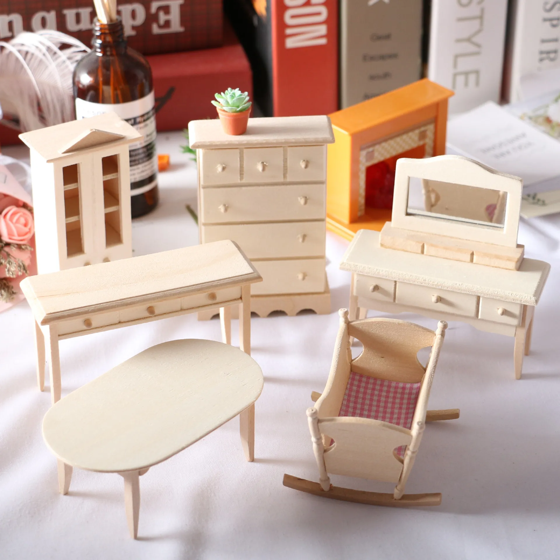 1:12 Dollhouse Baby House Mini Solid UnpainWood Furniture Cradle Crib Dining - £10.88 GBP+