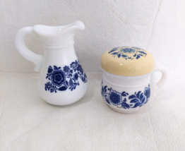 Avon Milk Glass Blue Flowers Mug w/Lid Decanter w/o Stopper - £7.79 GBP