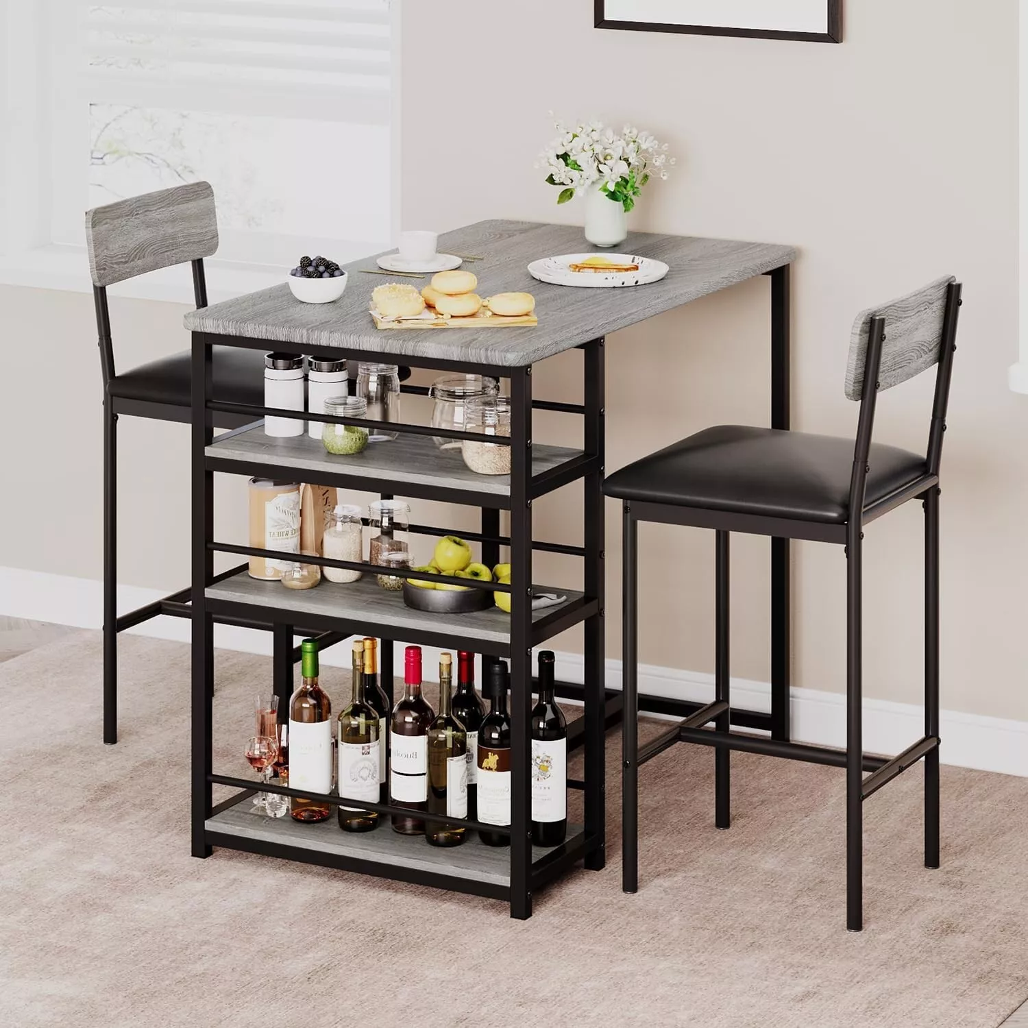 Gray 3 Piece Bar Style Dining Table and Chairs Set: Hardwood Design for 2 - $234.40 CAD