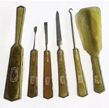 6pc Vtg  Manicure Shoe Care Set Green Bakelite Perhaps Embossed Victorian Crest - £19.32 GBP