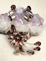 Sterling Purple Rhinestone Flower Bow Ribbon Brooch Pin Earring Set Vintage - £92.18 GBP