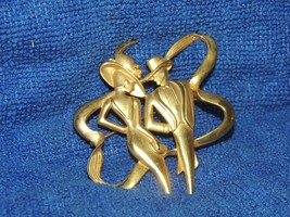 JJ Brooch/ Pin 2.5&quot; gold tone man woman modernist costume jewelry vintage - £9.34 GBP