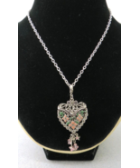 Purse Pendant Sachet Holder Heart Necklace Silver Tone Enamel Flowers Pi... - $432.59 MXN