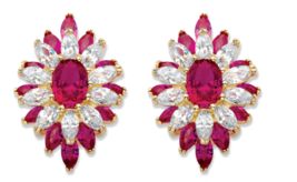 Oval Marquise Cut Red Ruby And Cz Floral Earrings 14K Gold Sterling Silver - £79.91 GBP