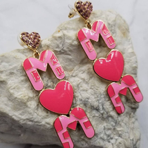 Hot Pink Heart MOM Crystal Dangle Earrings - £11.73 GBP