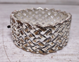 Vintage Monet Silver Gold Tone Woven Lattice Metal Hinged Bracelet 1 1/4&quot; READ - £14.36 GBP