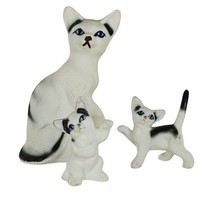 Vintage Bisque Bone China Cat Family Grey White Blue Eyes Miniature Figu... - $22.99