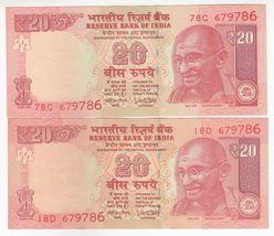 786 Ending Holy N º India,20 Rupias,Conjunto De 2 ,Same Serial No (67978... - $10.40