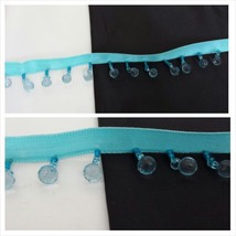 1 yard turquoise satin ribbon beaded fringe trim with pale blue beads 7/... - $3.99