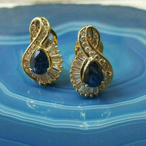 3.10CT Simulated Sapphire &amp; Diamond Omega Back Earrings 14K Yellow Gold Plated - £79.77 GBP