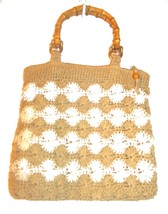 The Limited Handmade 10&quot; x 11&quot; Tan &amp; Ivory Knotted Handbag w/Bamboo Wood Handles - £21.52 GBP