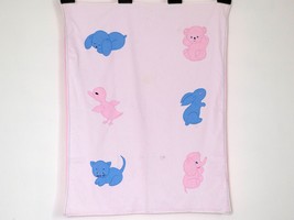 Vintage Baby Blanket Quilt Top - Appliqued Animals on White - Pink Back ... - £26.10 GBP