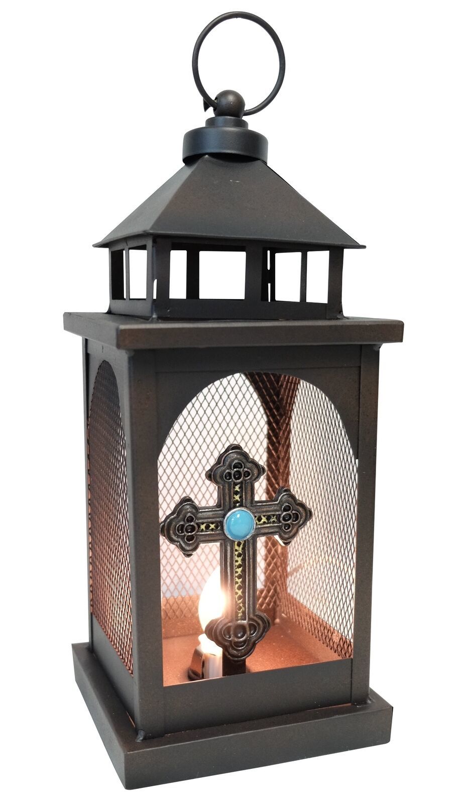 Primary image for European Rustic Western Turquoise Scroll Cross Electric Metal Lantern Lamp