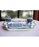 Vintage Victoria Ware Ironstone Flow Blue Double Inkwell and Tray - $34.65