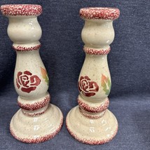Vintage Pair Ceramic Sponge ware Candlestick Holders Red Rose 7.75” Tall - £11.87 GBP