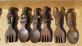6qty Carved Wood Serving Spoon Fork Faces Tribal Tongs Salad Servers - £39.86 GBP