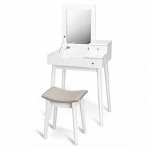 Vanity Dressing Table Set Flip Mirror Desk Furniture Stool - Color: White - £118.55 GBP