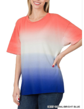 Zenana Outfitters L  Cotton Dip Dyed Boxy Cut Round Neck Tee Shirt Coral/Blue - £10.94 GBP