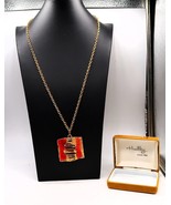 Vtg Autumnal Tone Enamel Over Gold Tone Torn Metal Abstract Pendant Neck... - $39.99