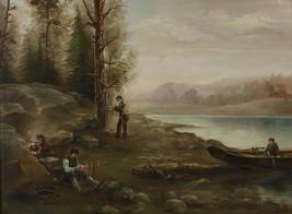 Genre scene Fisherman&#39;s halt on river bank Swedish landscape Oil painting Signed - £263.12 GBP