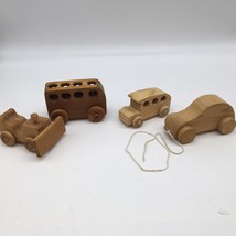 Handmade Vintage Wooden Toy Bulldozer, 2 Buses And Car With String. - £16.86 GBP