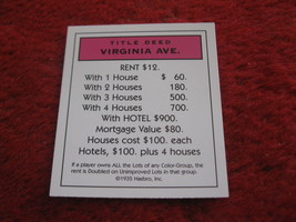 2004 Monopoly Board Game Piece: Virginia Ave Title Deed - $1.00