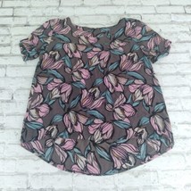 Loft Blouse Womens Small Gray Pink Floral Short Sleeve Cuffed High Low Hem Rayon - £15.97 GBP