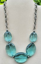 Aqua Glass Double Link Silvertone Chain Statement Necklace 17 to 18-1/2 in - £11.93 GBP
