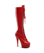 PLEASER Sexy Stripper Dancer Lace Up Platform 6&quot; Heel Red Knee High Boots - £76.62 GBP