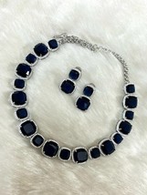Bollywood Style Silver Plated Blue Sapphire CZ Necklace Earrings Jewelry Set - £75.93 GBP