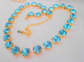 Aquamarine Blue Crystal Tennis Choker Necklace | Gold Cup Chain Jewelry for Girl - £71.94 GBP