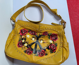 PEACE LOVE Painted Yellow Leather Cross Body Bag MAKE OFFER ! - $467.59