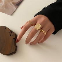 Hion simple gold silver color metal rings set for women girls korean thick chain finger thumb200