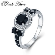 Cute 3.4g 925 Sterling Silver Fine Jewelry Round Bague Black Spinel Wedding Ring - £9.36 GBP