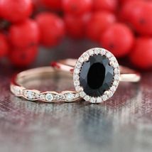 1.50Ct Oval Cut Black Diamond 14K Rose Gold Over Halo Bridal Engagement Ring Set - £72.47 GBP