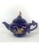 Vintage Teapot Asian Golden Pheasant Cobalt Blue Ceramic With Lid - £30.24 GBP